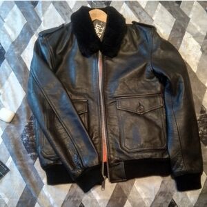 Men's Black Leather Bomber Jacket with Fur Collar